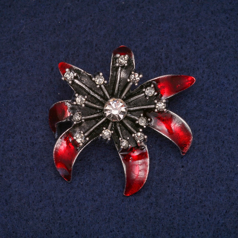 Flower Brooch with Red Enamel and Crystals, Gray Metal 37×41 mm