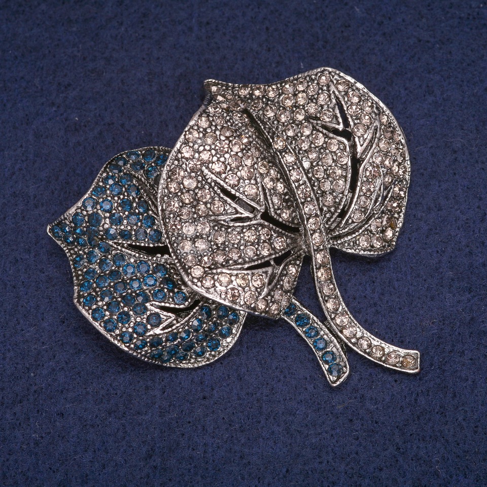 Leaf Brooch with Blue and Gray Rhinestones, Silver-Colored Metal, 54x54mm