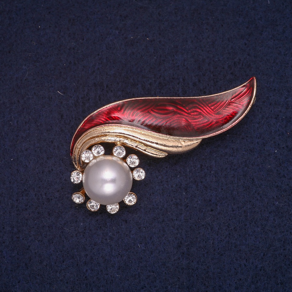 Brooch Elegy with Red Enamel, Central Bead, and White Crystals, Gold-Tone Metal 25x51mm