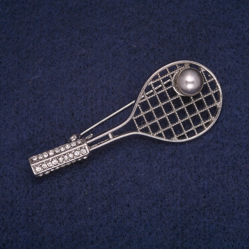 Tennis racket brooch with ball bead, silver-tone metal, white crystals, 22 x 56 mm