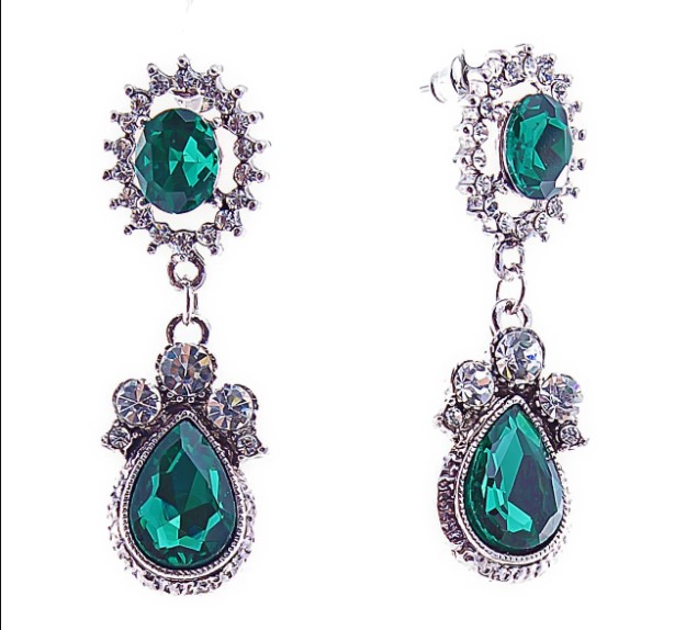 Stud Earrings with Green Crystals 16x50 mm