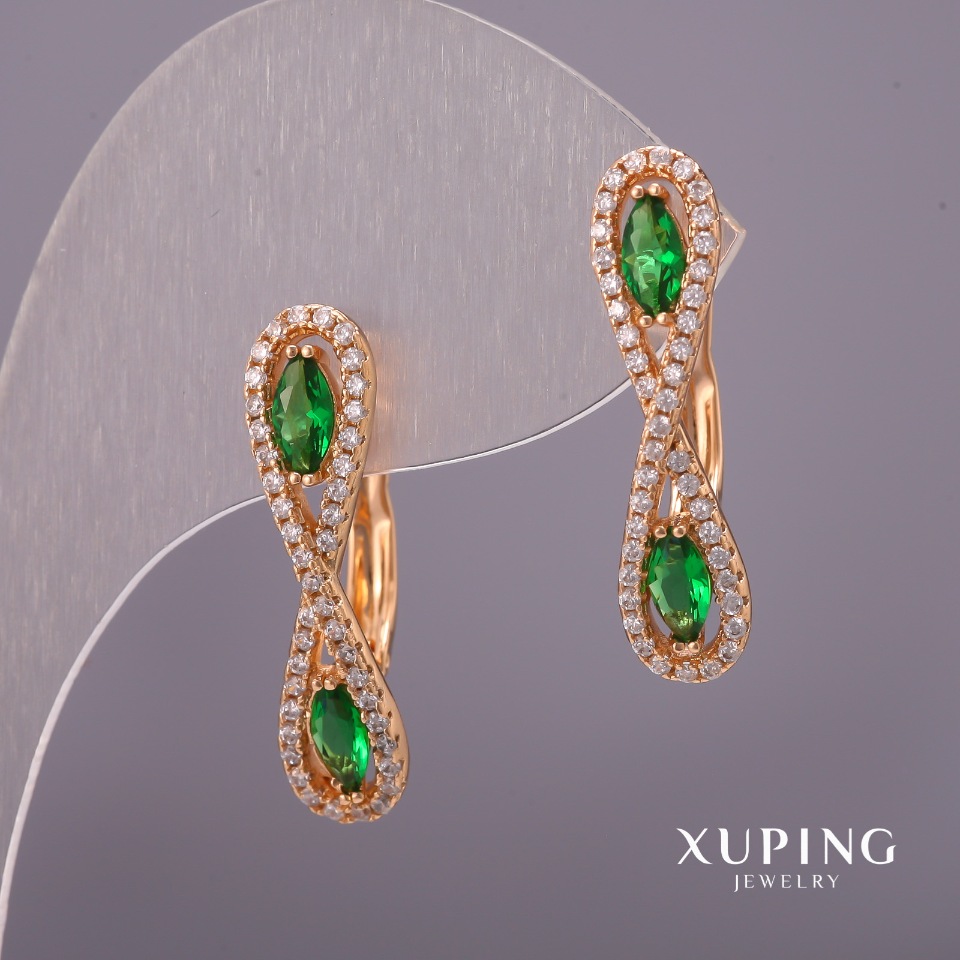 Xuping Earrings with White Rhinestones and Green Stones, 6x25 mm, 18K Gold Plating