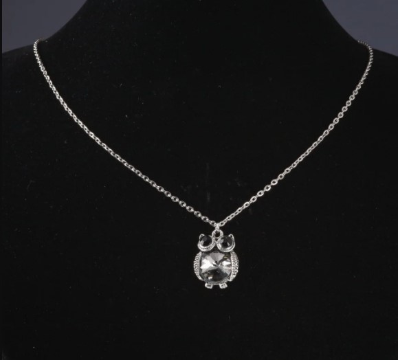 Pendant on a chain Owl with gray crystal, length 52 cm, diameter 2.5 cm