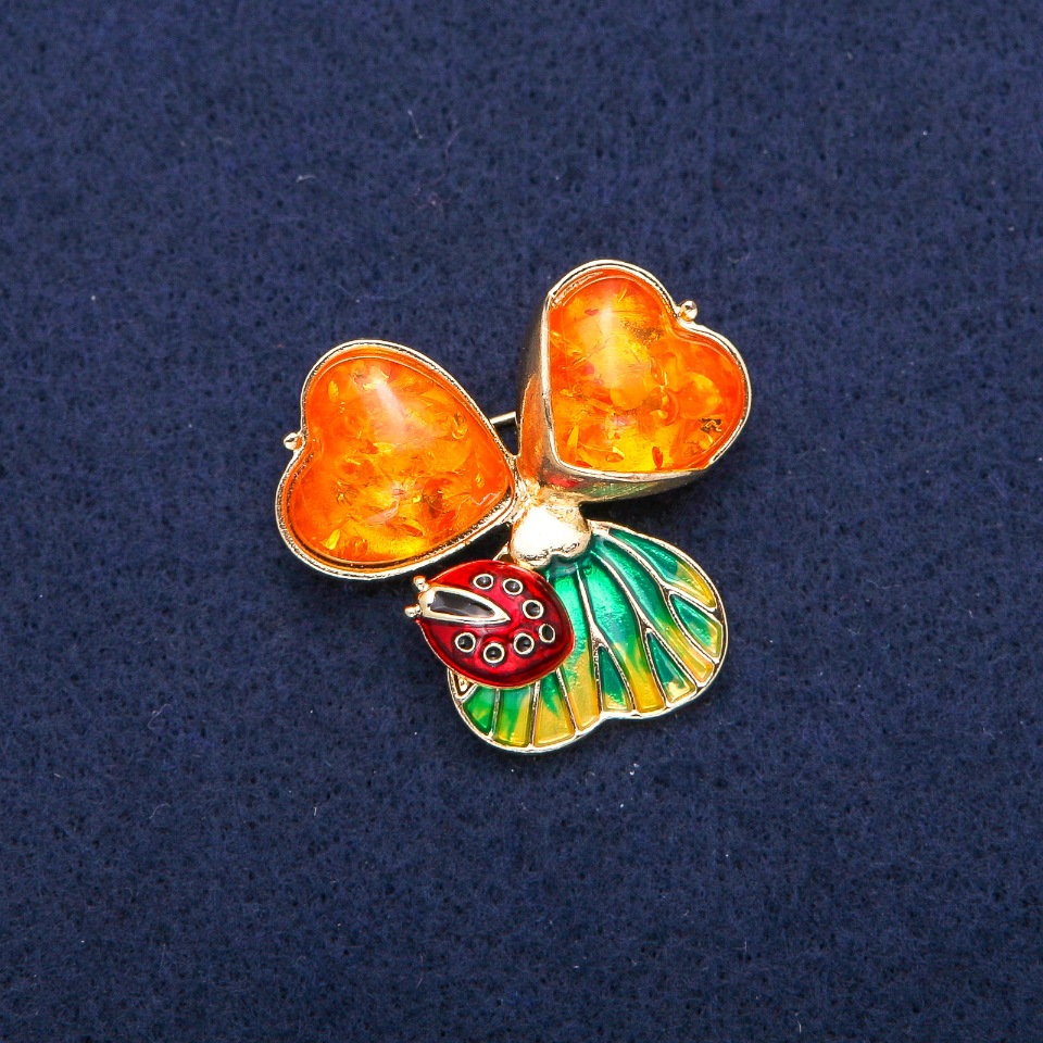 Brooch-Pendant 'Ladybug' with Amber Cabochons (Synthetic), Enamel, Gold-Tone Metal 35x37mm