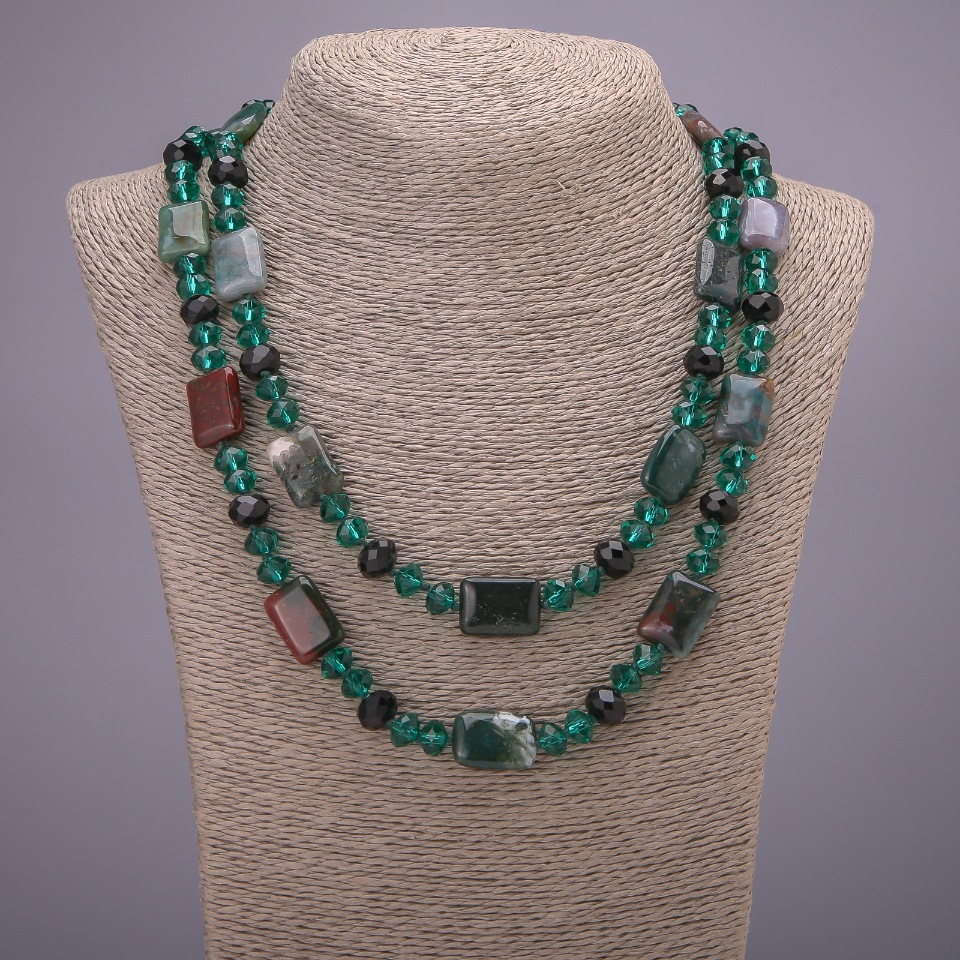 Clearance Long Necklace "Orion's Constellation" natural Jasper stone, "Czech crystal", length 120 cm