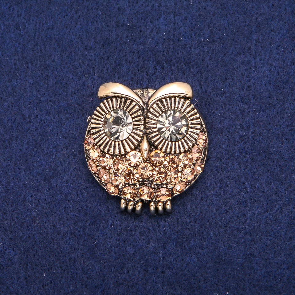 Owl Brooch with Yellow Crystals, Golden Metal 32×33 mm