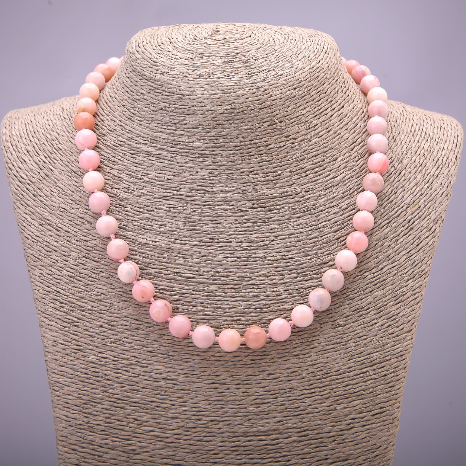 Natural stone necklace with pink opal, smooth beads, diameter 8(±)mm, length 45 cm