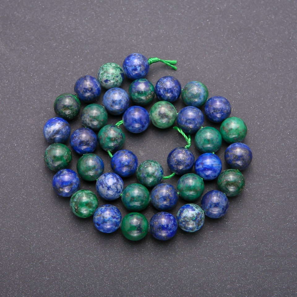 Azurite natural stone beads, smooth round beads, 10 mm diameter (±), strand length 38 cm (±)