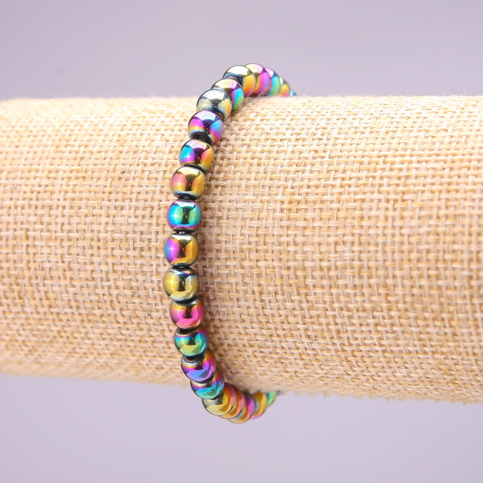 Hematite Bracelet with Benzine Plating on Elastic Cord, Smooth Bead, 6 mm Diameter, 18 cm Length
