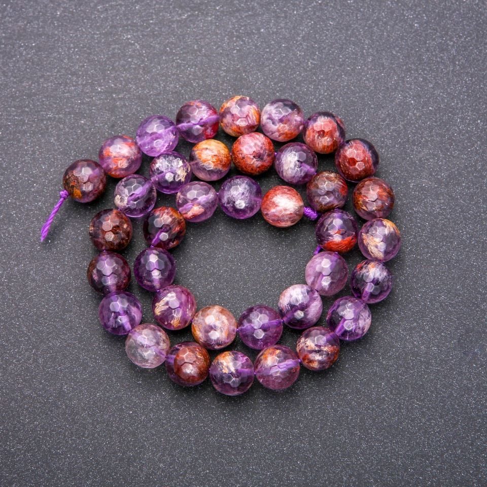 Natural stone amethyst beads, faceted round ball, 10 mm diameter (+/-), 38 cm length