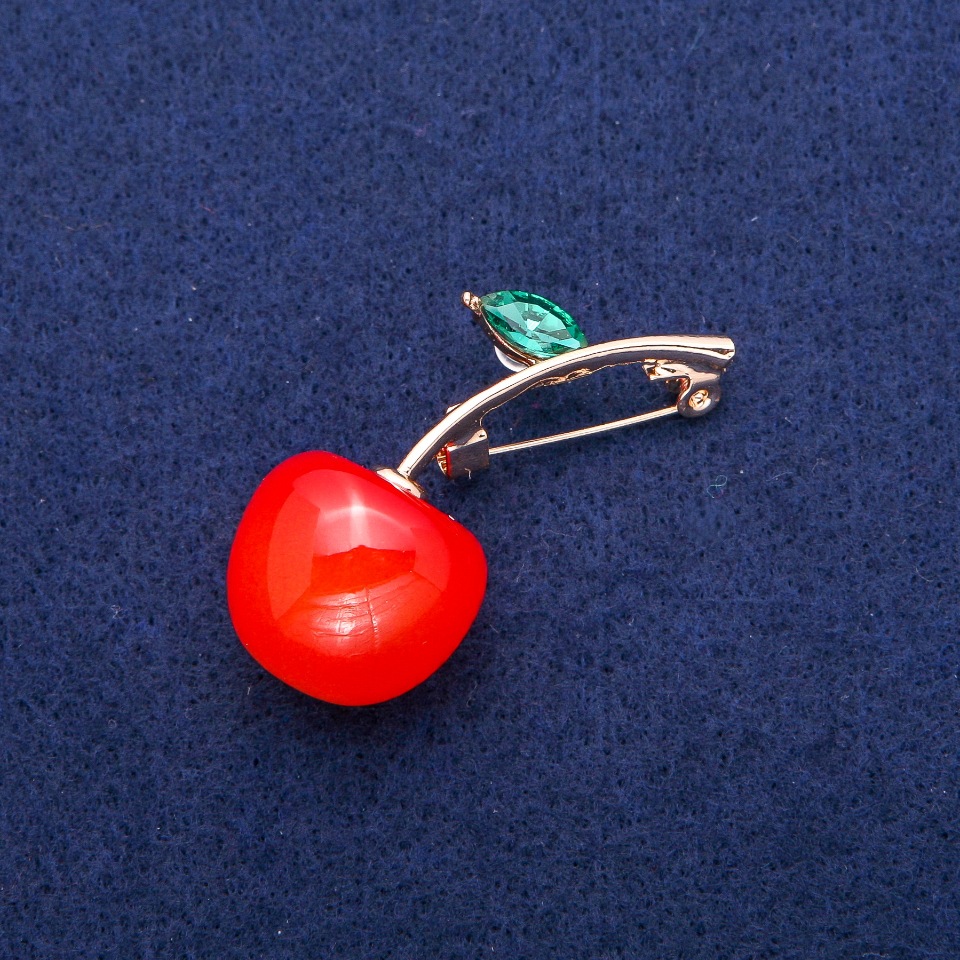 Cherry Brooch with Crystal, 47x21mm, Golden Metal