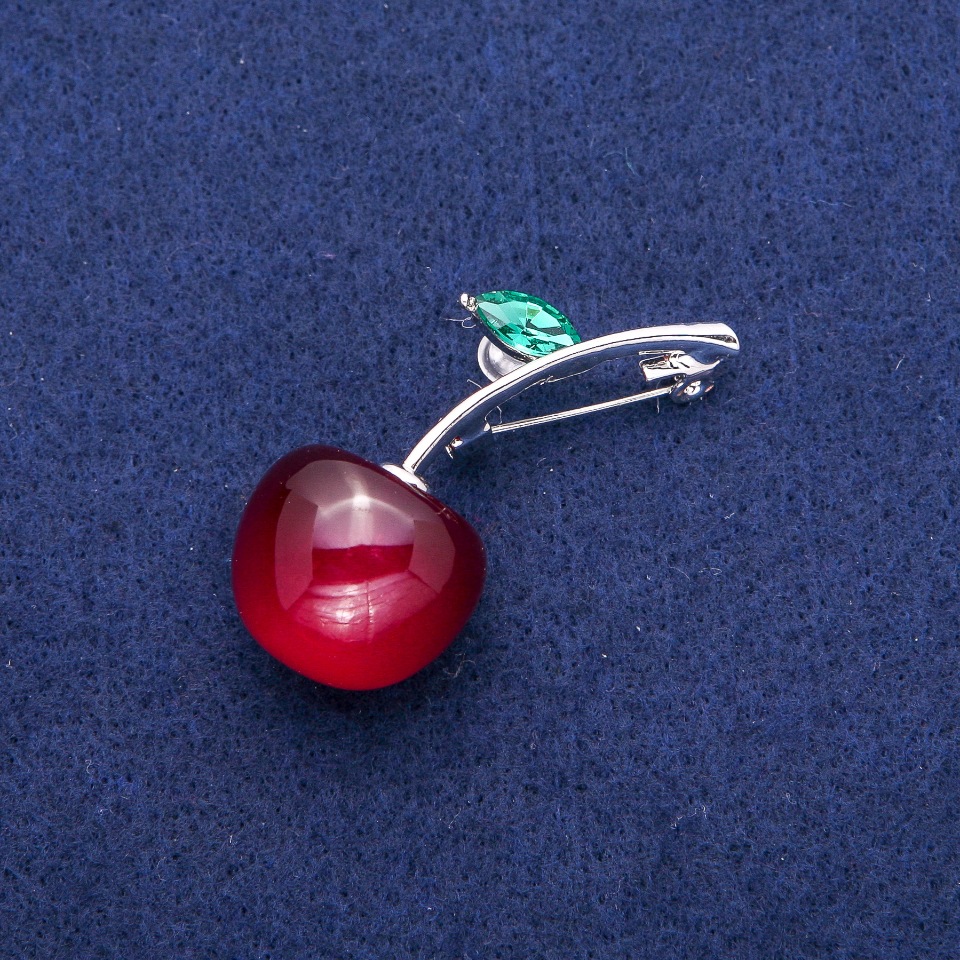 Brooch 'Cherry' with a crystal, 49x22 mm, silver-toned metal