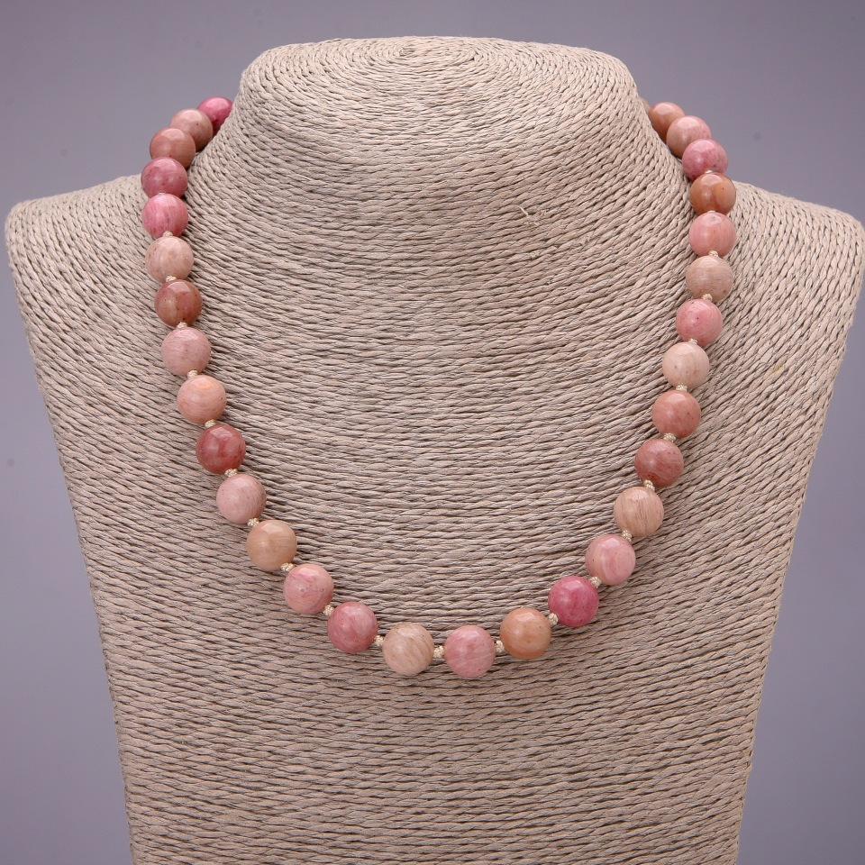 Rhodochrosite natural stone necklace with smooth beads, diameter 10(±)mm, length 48 cm