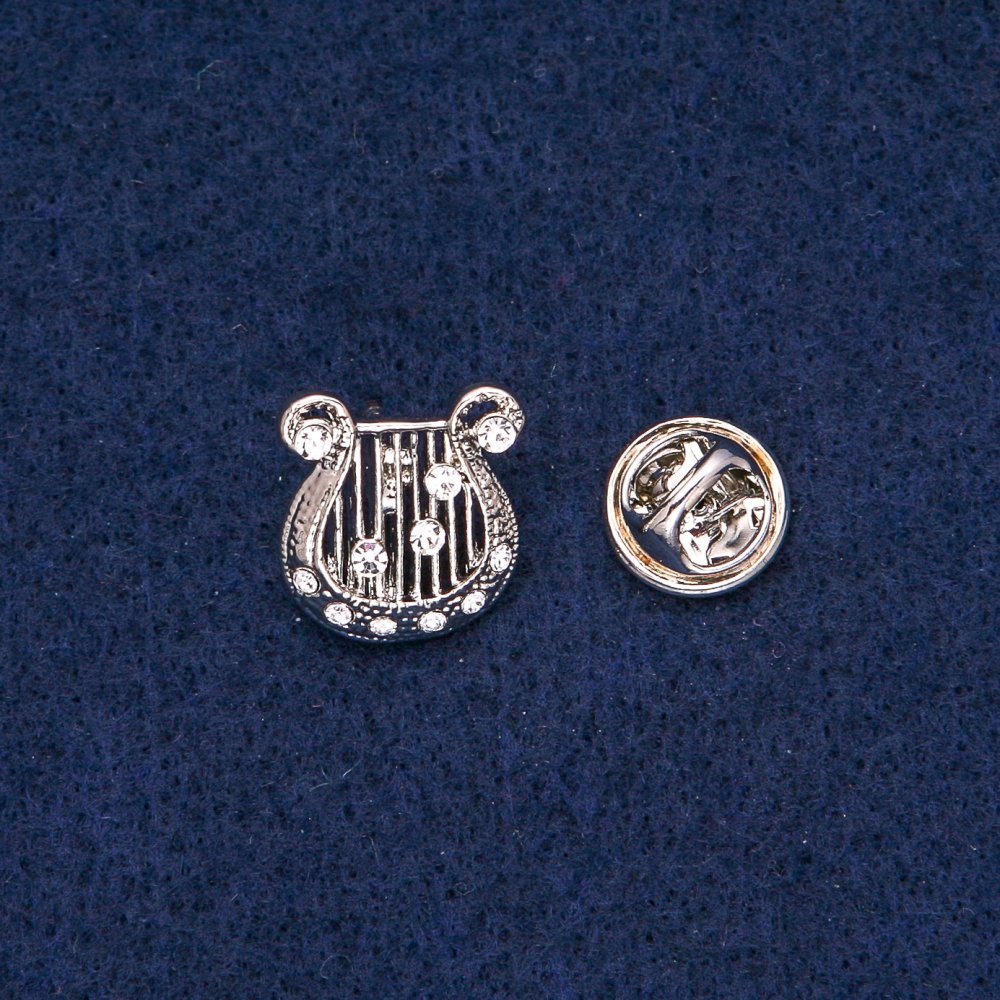 Brooch 'Lyre' with white crystals, silver-tone metal 17×15 mm +