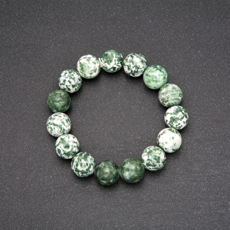Moss Agate Bracelet with smooth beads, diameter 12 mm, circumference 18 cm on elastic