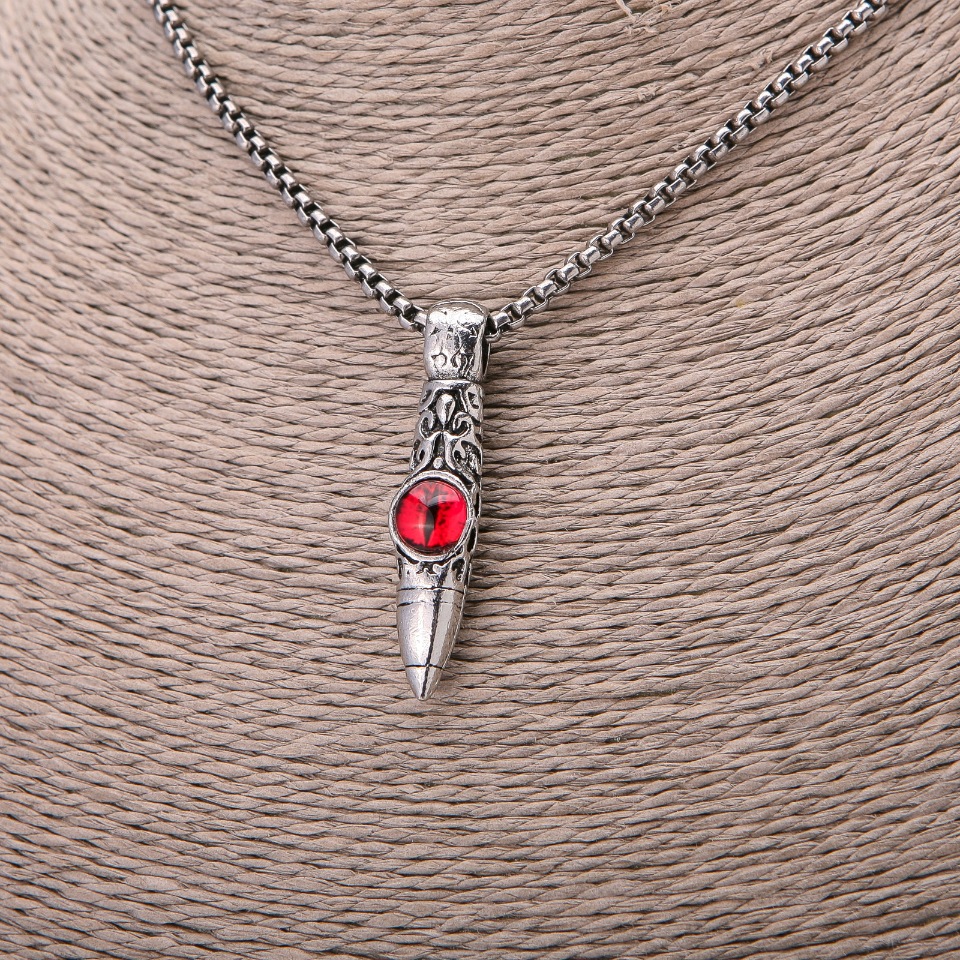 Sphere Pendant with Red Dragon Eye 9x43 mm on Chain, 65 cm Length, Silver