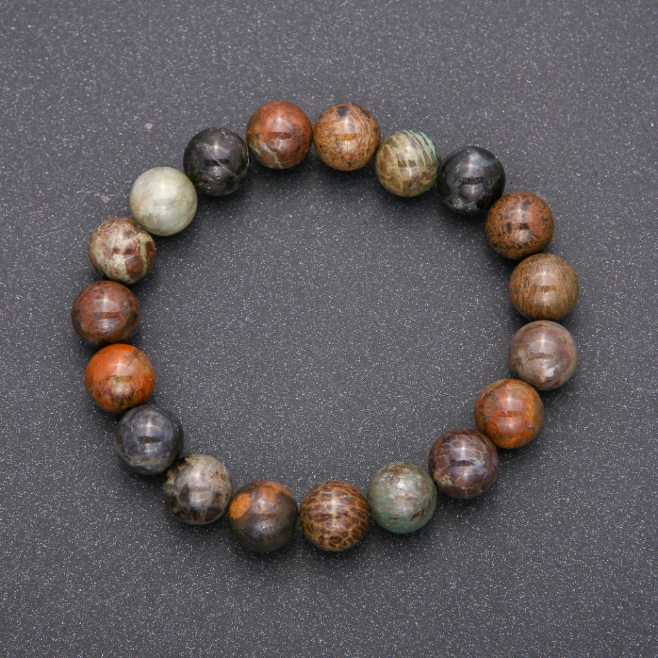 Bracelet made of natural multicolored jasper on elastic cord, smooth bead, diameter about 10 mm, circumference 18 cm