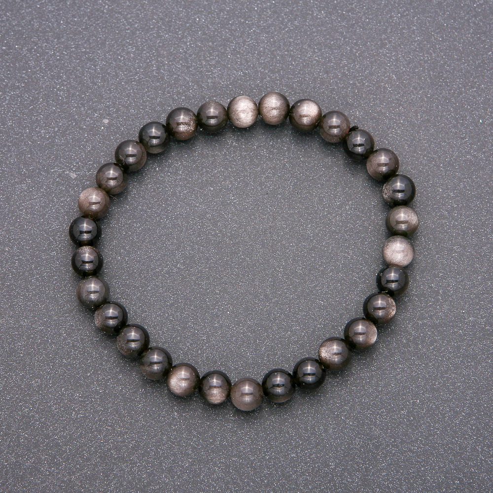 Bracelet with natural stone: Silver Obsidian on elastic, smooth beads, 6mm diameter, 18cm length