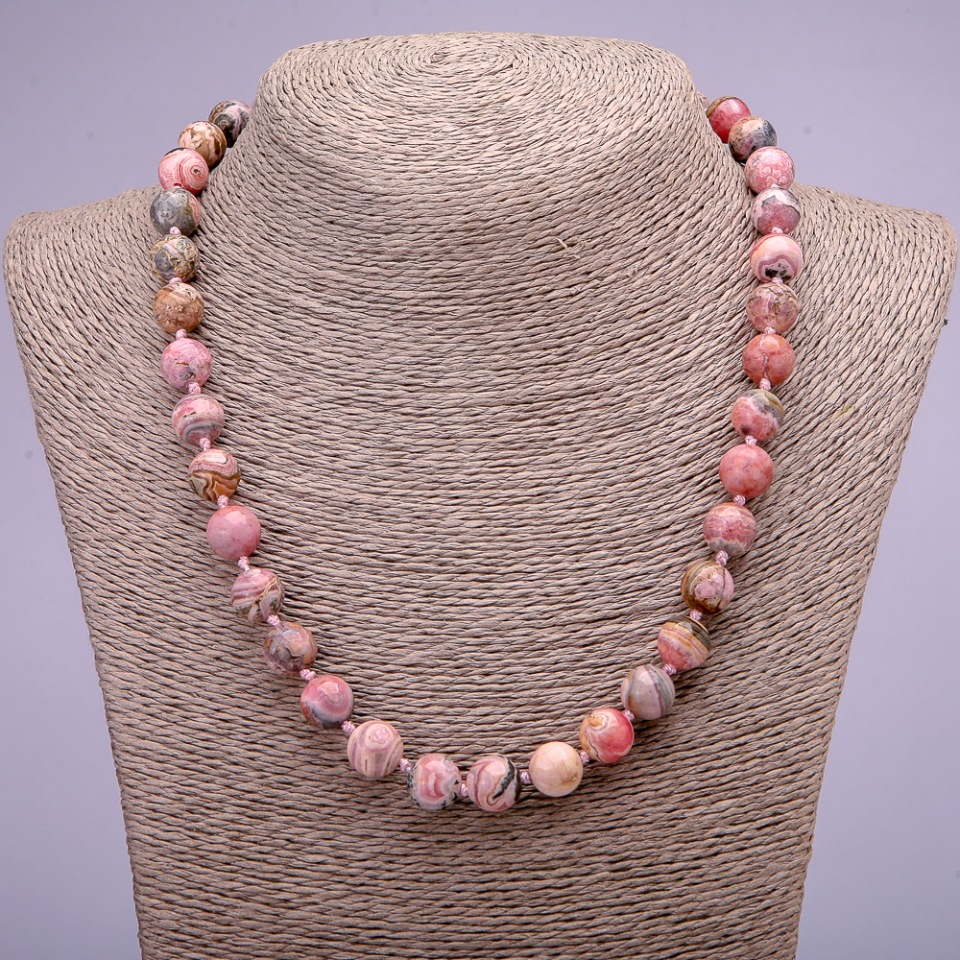 Rhodochrosite natural stone necklace with smooth beads, 10 mm diameter, 45 cm length