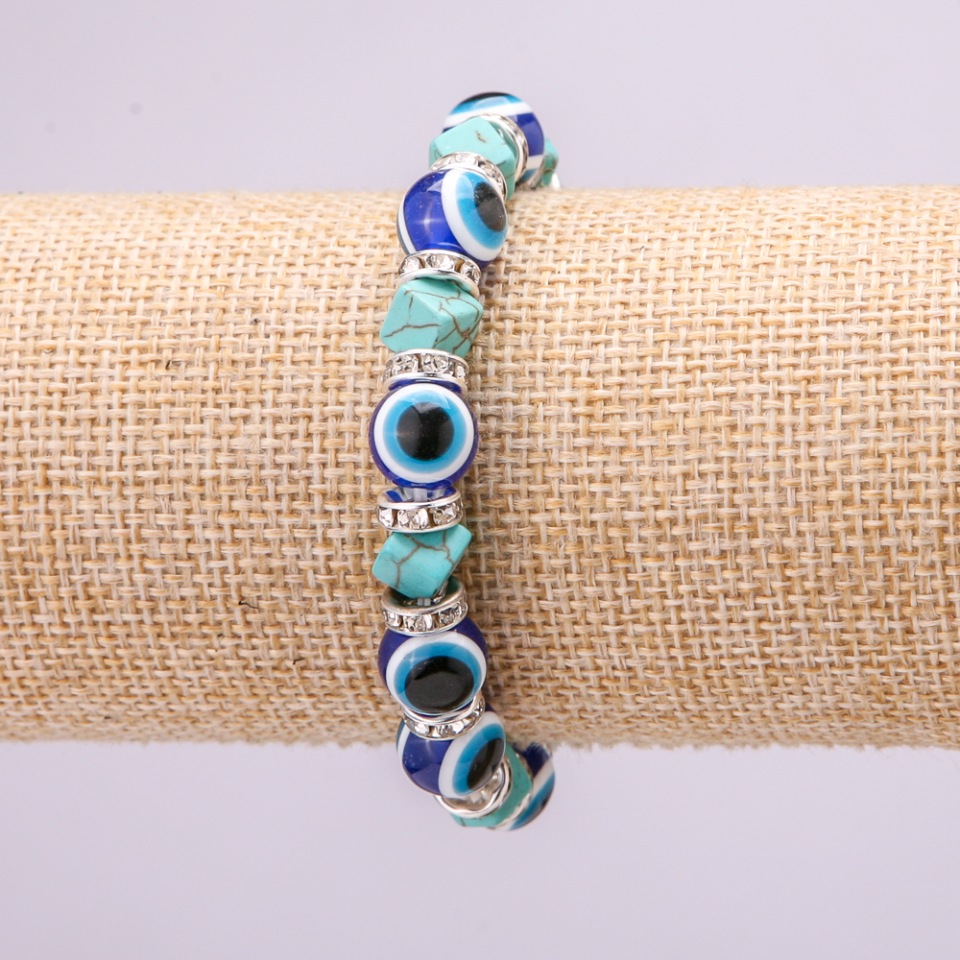 Turquoise Amulet Bracelet with Blue Eyes on Elastic Band, 10(±)mm Diameter, 18 cm Length, with Inlays and Rhinestones