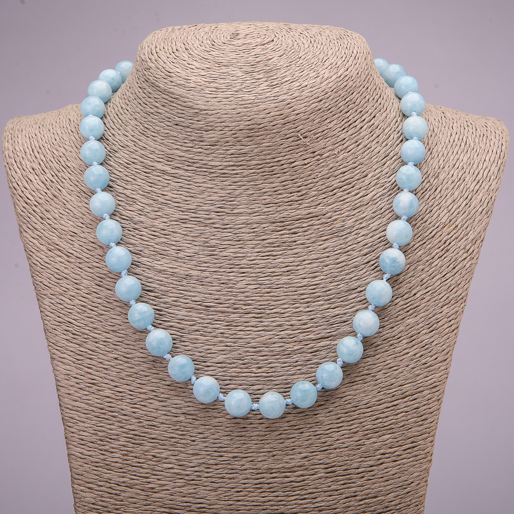 Bead Necklace of Natural Aquamarine — Smooth Beads, Diameter 10 mm (±), Length 45 cm