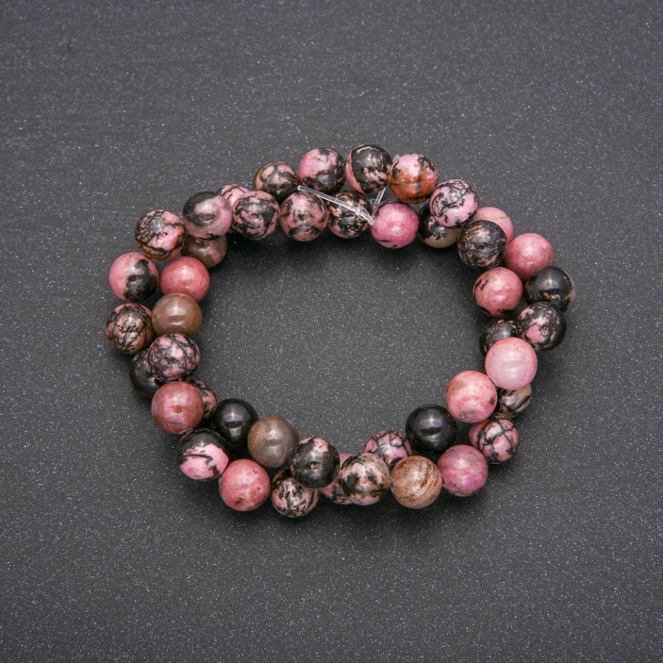 Rhodonite beads, smooth round, 8.5 mm diameter, on thread, 38 cm length (+/-)