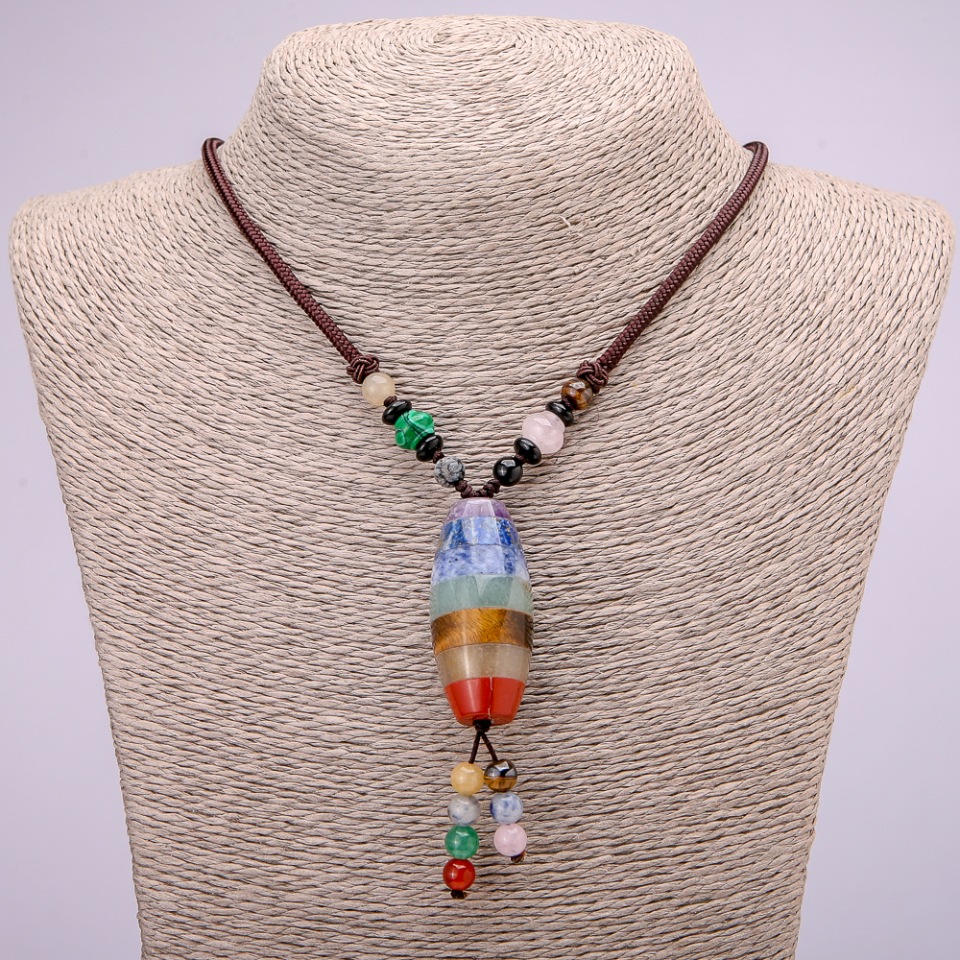 Clearance: Assorted natural stones pendant on a cord with natural stone beads, 84 cm long