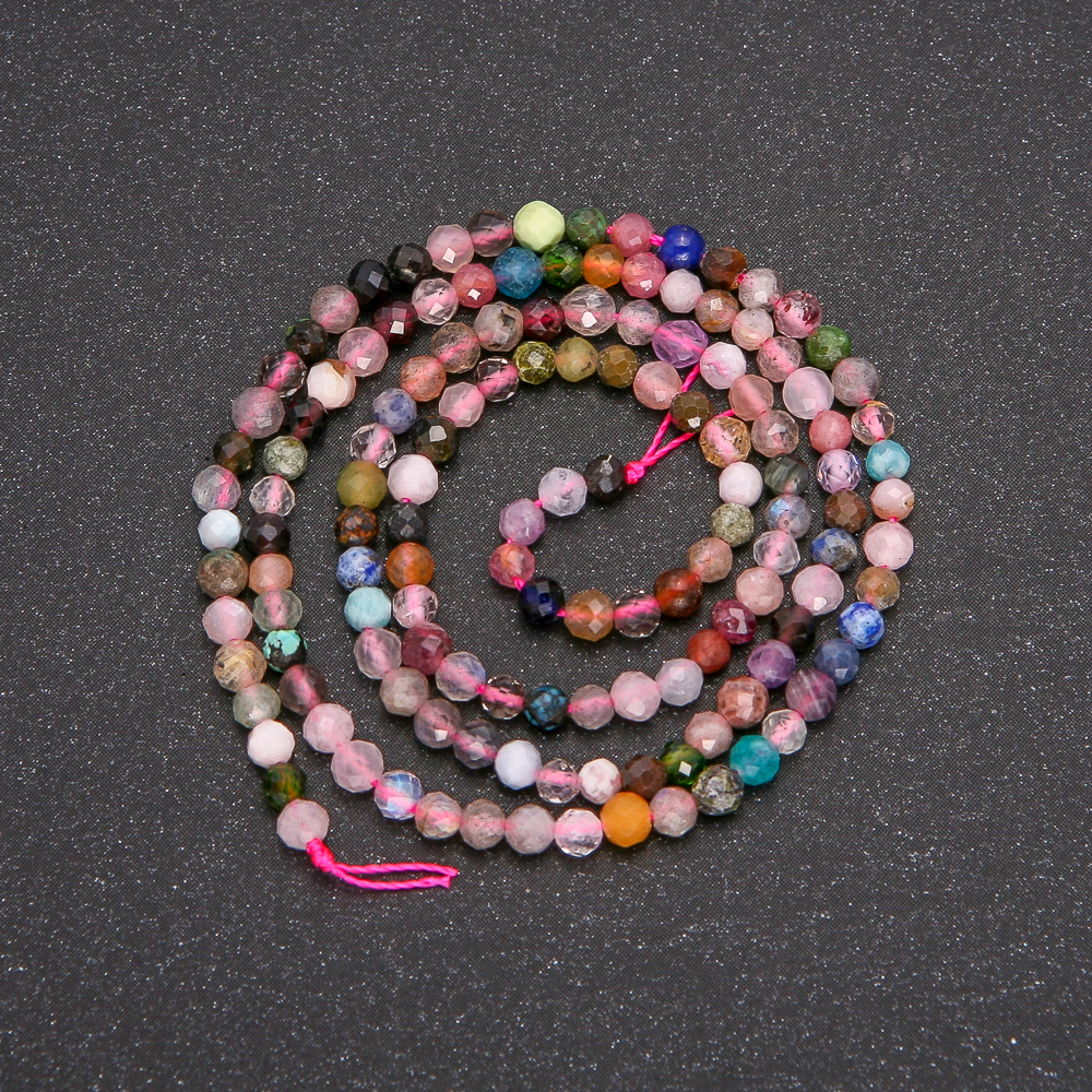Beads on a thread of natural stone, assortment of stones, faceted bead, 3 mm diameter, 38 cm length