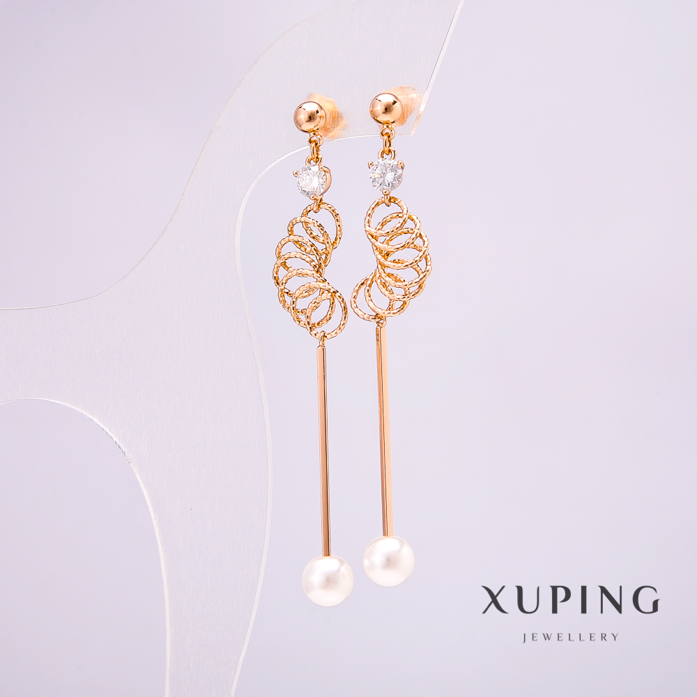 Xuping Earrings with 18K Gold Plating, Majorca Pearl and White Stone, Length 77 mm +