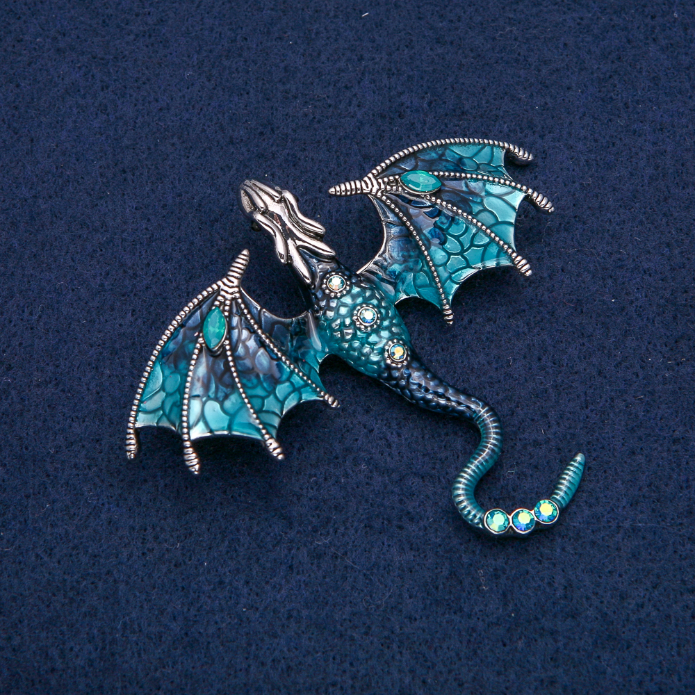 Dragon Brooch-Pendant, silver-toned metal, blue enamel with blue and petrol-colored crystals, 70x63 mm