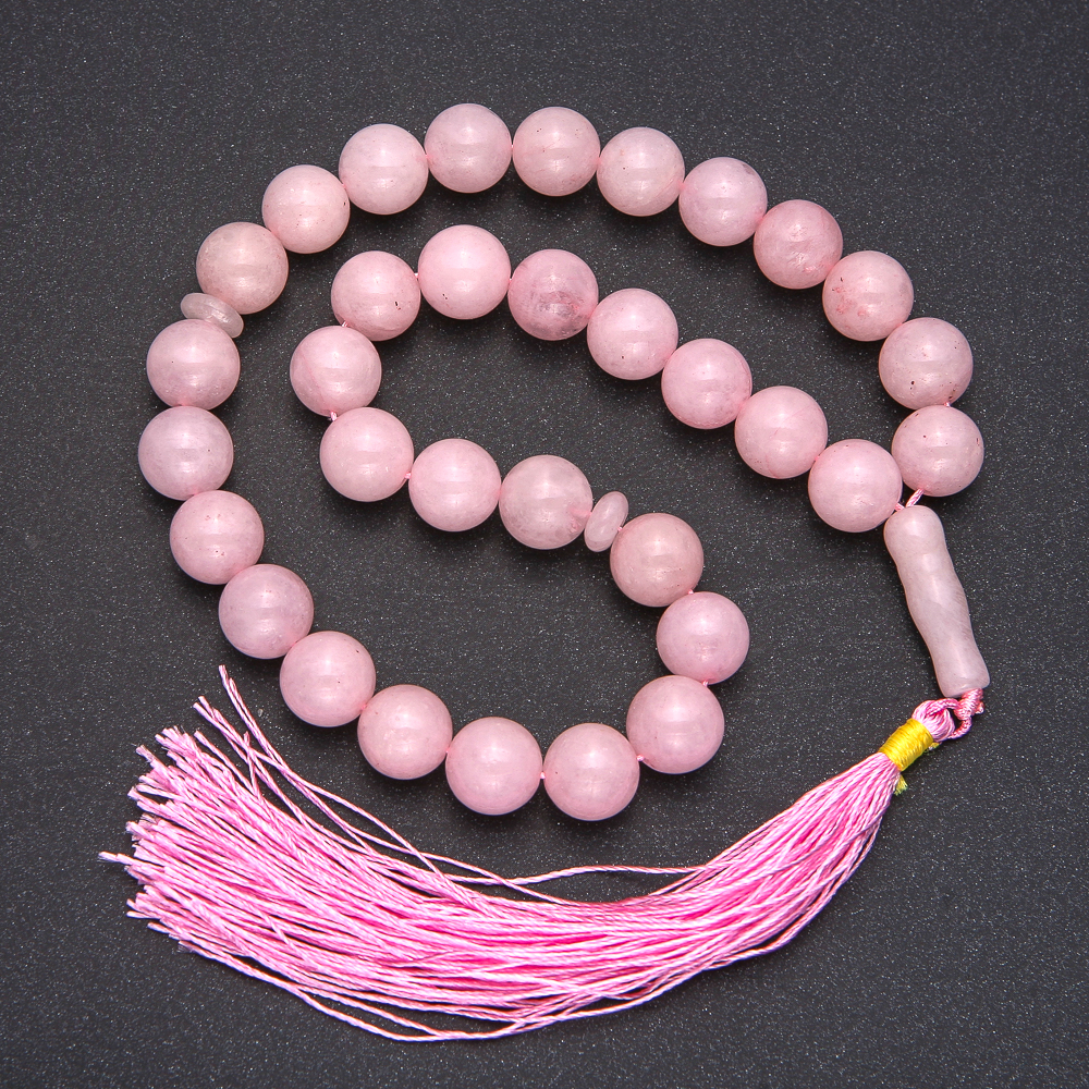 Natural Stone Rosary Beads, Pink Quartz, 33 Beads, Smooth Round Beads, 12 mm Diameter, Pink Quartz Inlay