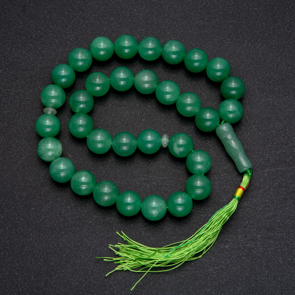 Natural nephrite bead mala, 33 beads, smooth ball, 12 mm diameter, nephrite inlay