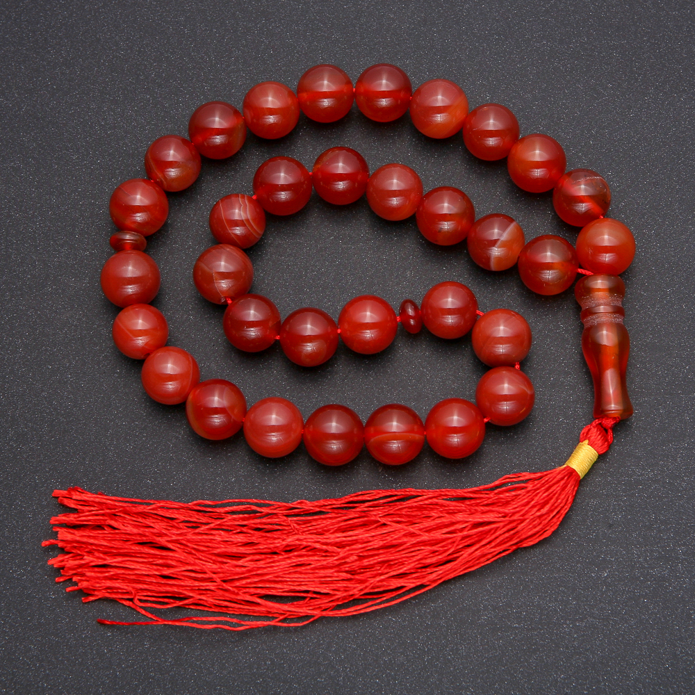 Natural carnelian prayer beads, 33 beads, smooth spheres, diameter 12 mm, Carnelian insert