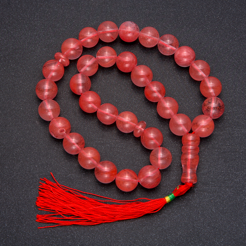 Natural Chalcedony Prayer Beads, 33 Beads, Smooth Spheres, Diameter 12 mm, Chalcedony Inlay