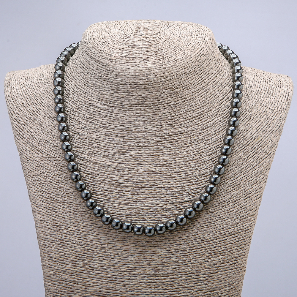 Hematite Necklace with Smooth Beads, 8 mm Diameter, 45 cm Length