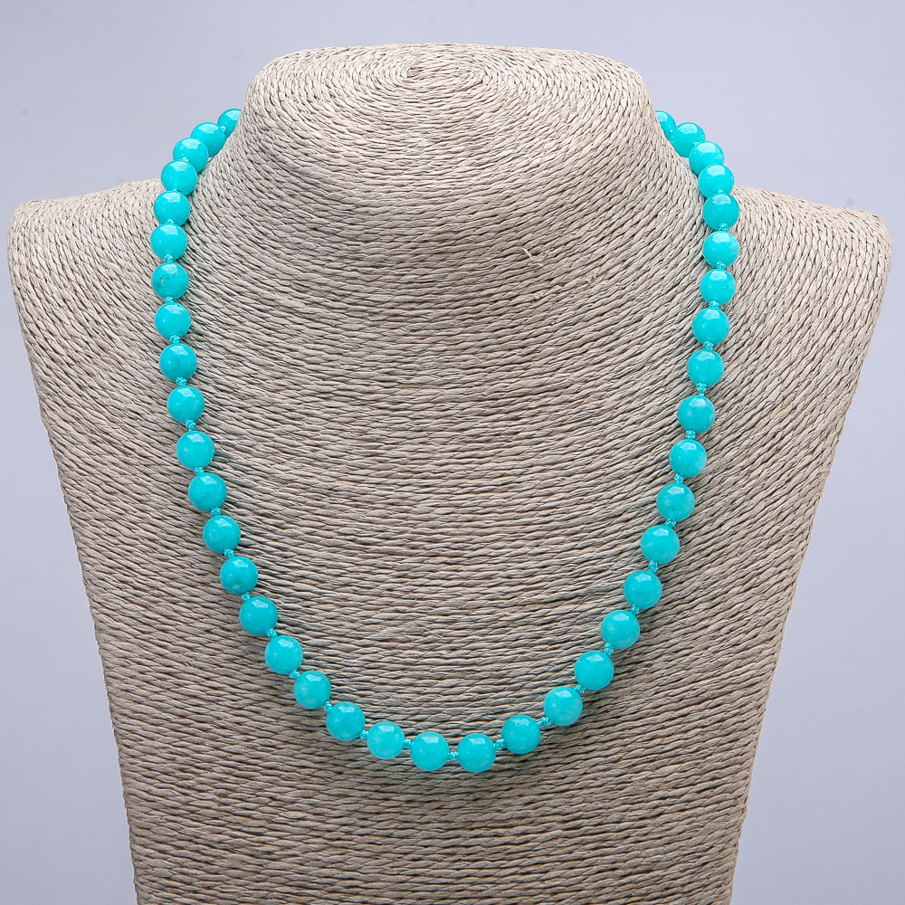 Aquamarine natural gemstone necklace with smooth beads, 8 mm diameter, length 45 cm