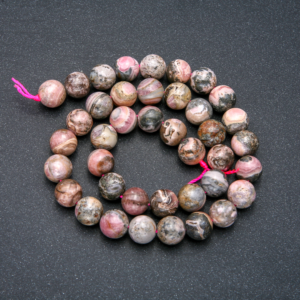 Rhodonite Beads on Thread, Smooth Round Beads, 10mm Diameter, 39cm Length