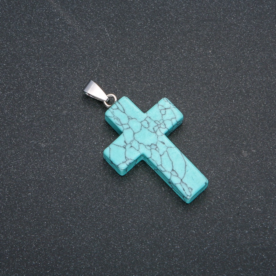 Cross Pendant, Turquoise (Synthetic) Stone 50x28mm +