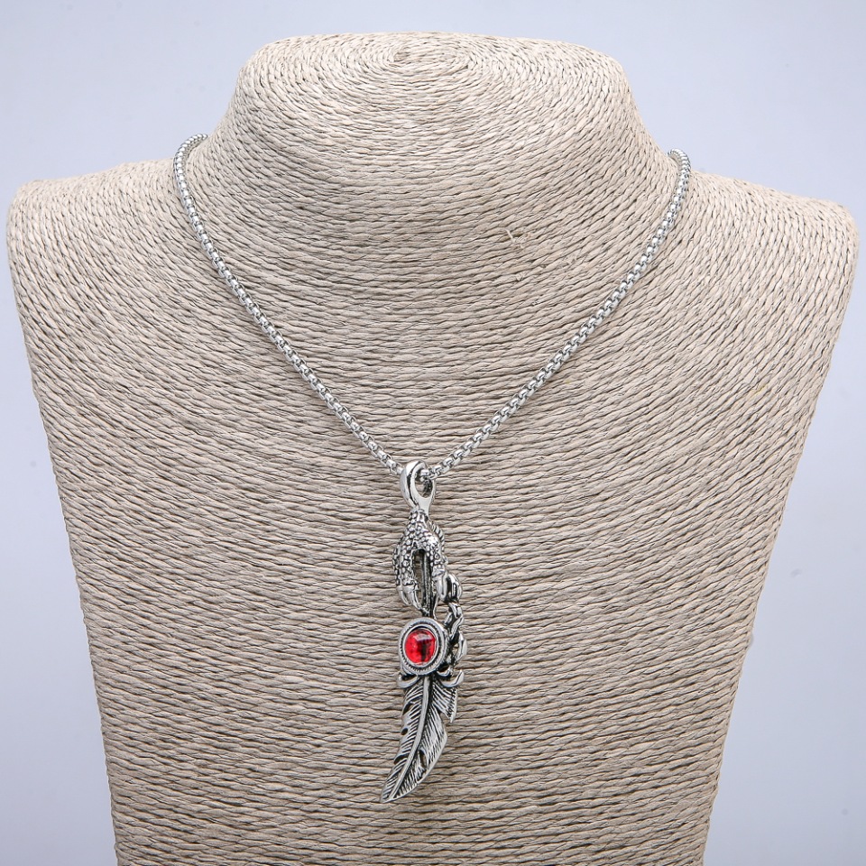 Pendant 'Paw with Feather Dragon Eye' 70x20 mm on a chain, length 70 cm, silver-colored metal