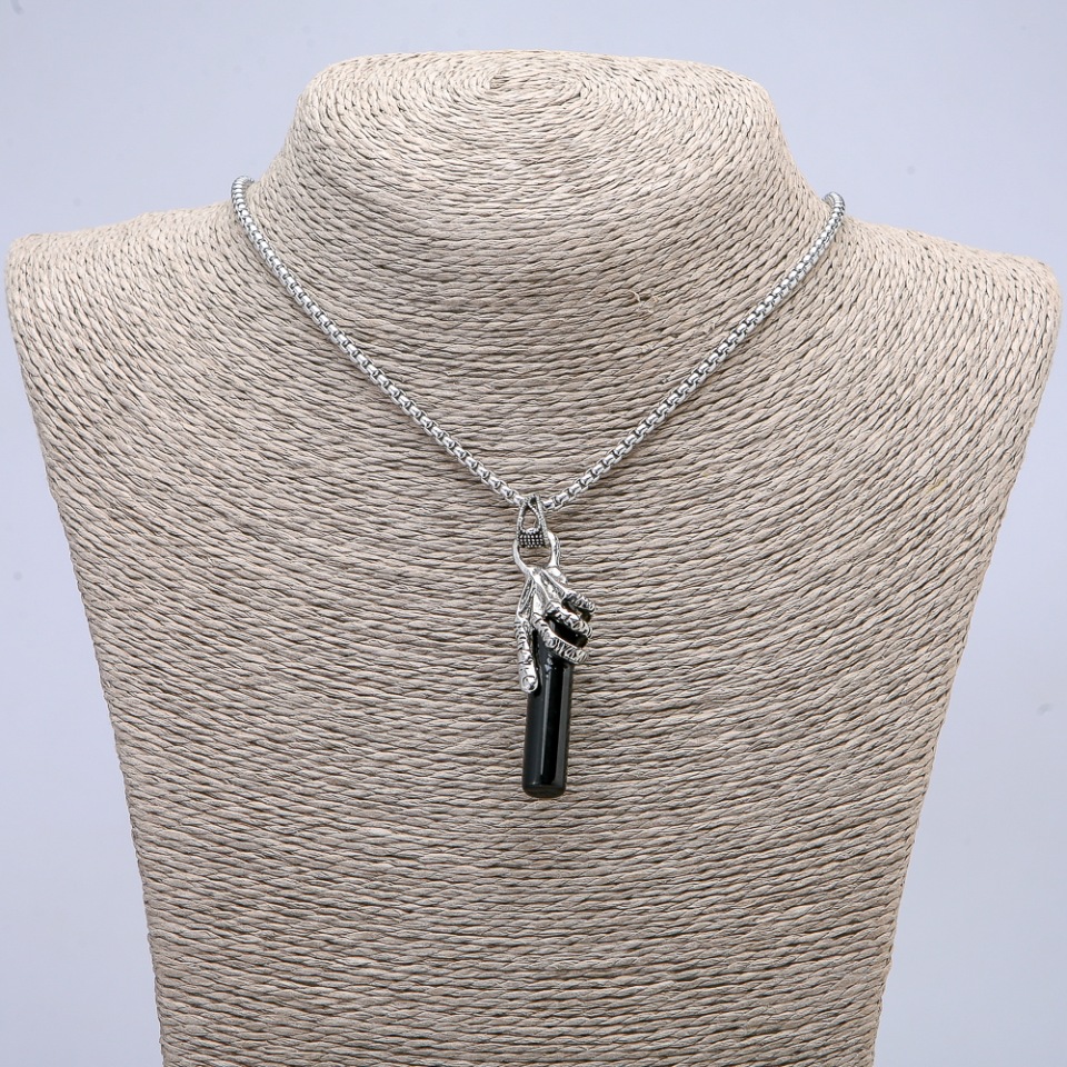 Pendant Hand with Black Crystal, 50×10 mm on chain, 65 cm length, silver-colored