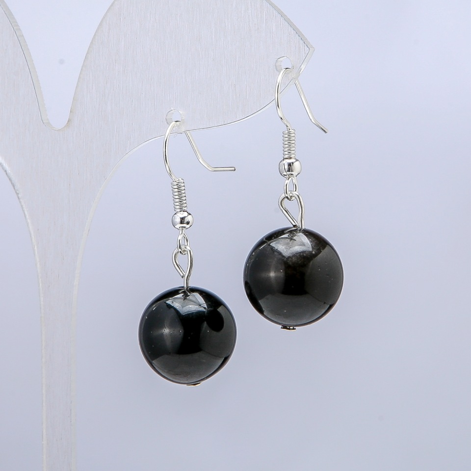 Silver Obsidian Earrings, 14 mm diameter, 30 mm length
