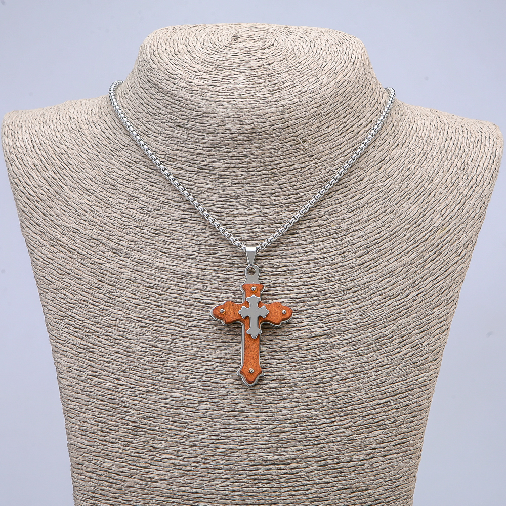 Pendant Cross 55x32mm on a chain, length 65 cm, silver-toned metal, wood