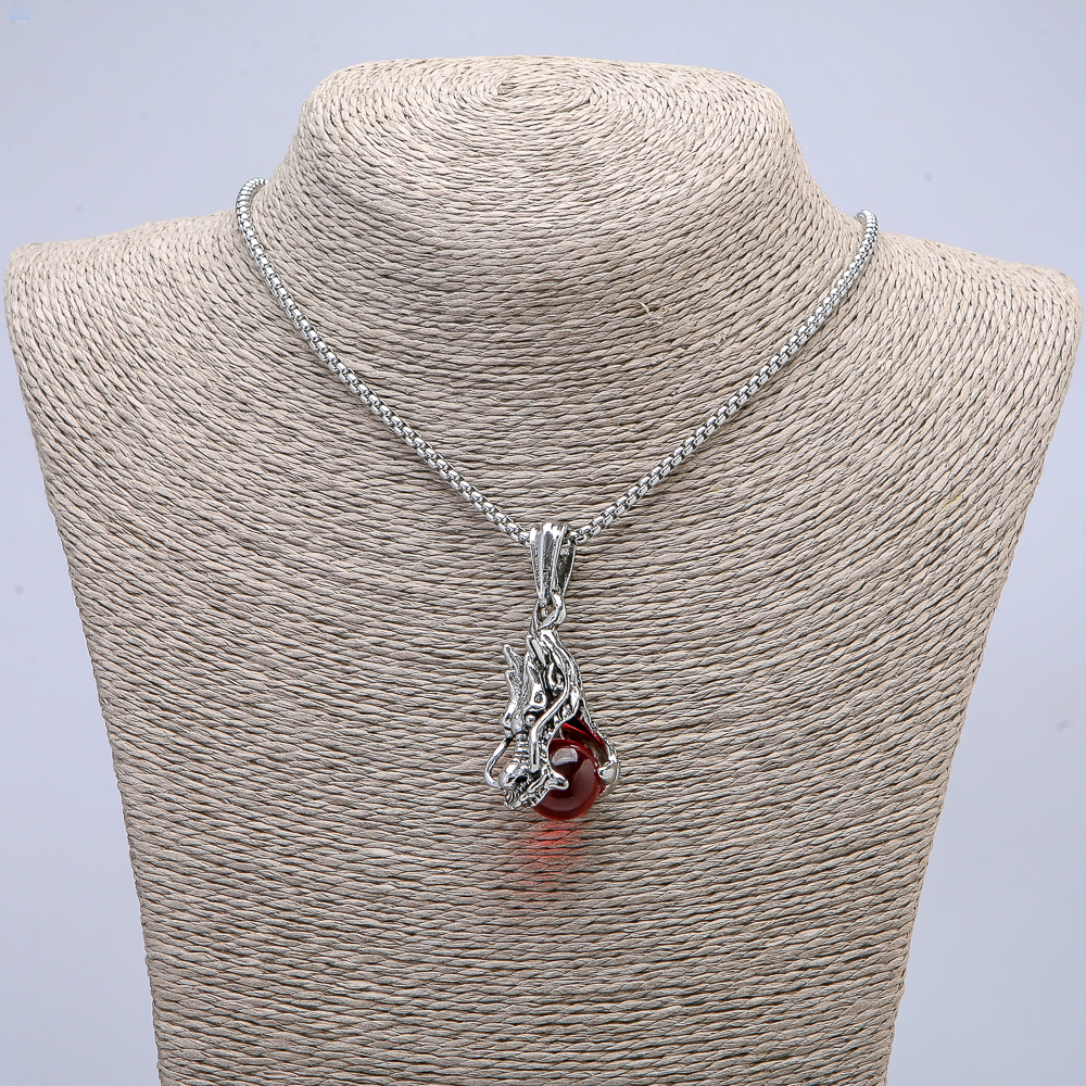 Pendant Dragon Head and Red Orb 22x51 mm on a chain, length 65 cm, silver-colored metal