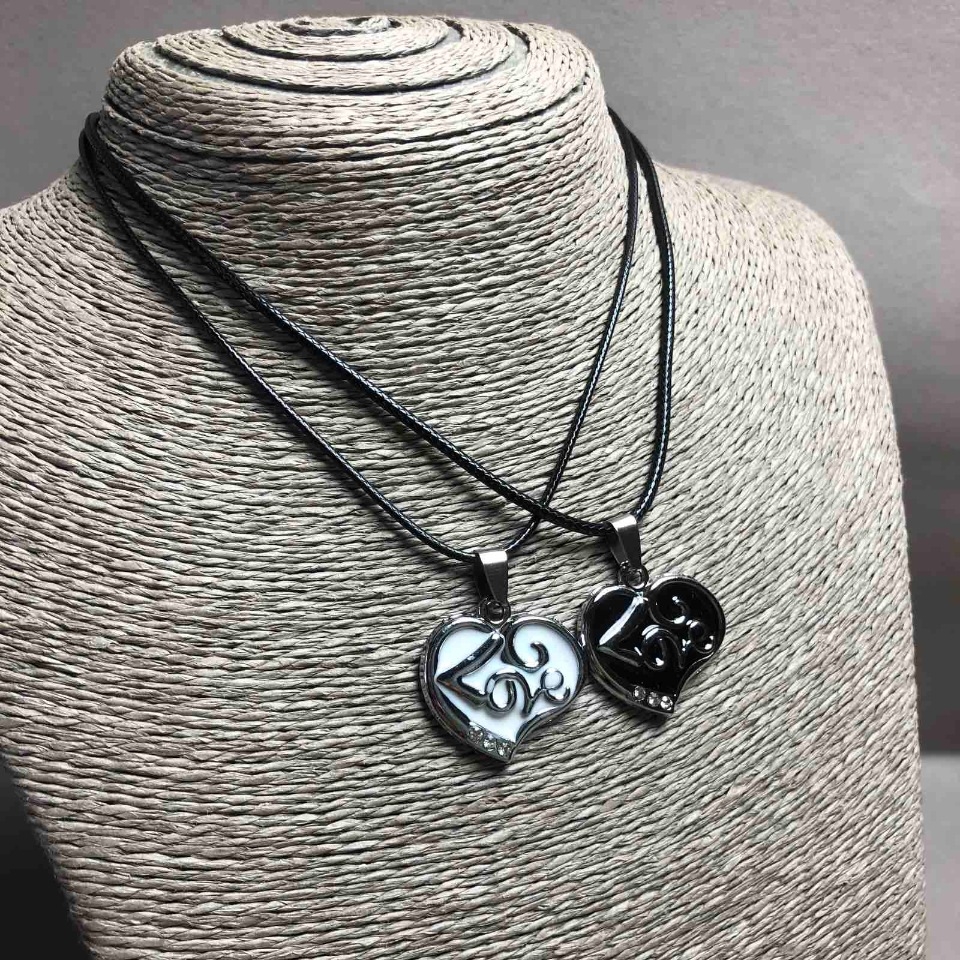 Pair of Pendants 'Heart Love' with Black and White Enamel, White Crystals 33×27 mm + -, Chain Length 45–50 cm