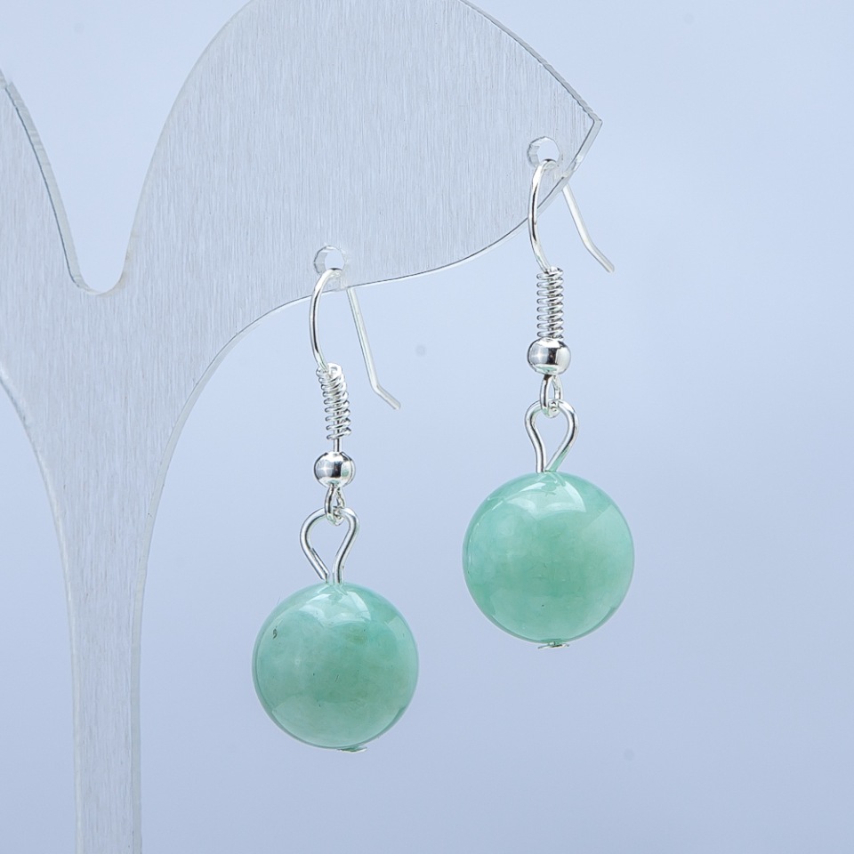 Earrings with natural Burmese jadeite, smooth bead, 12mm diameter, 35mm length