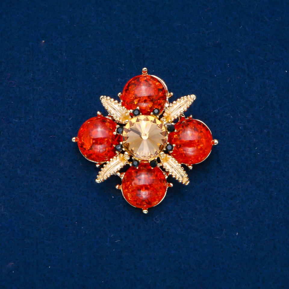 Amber Brooch (artificial) with black crystals, gold-tone crystal and enamel, gold-tone metal 48mm+