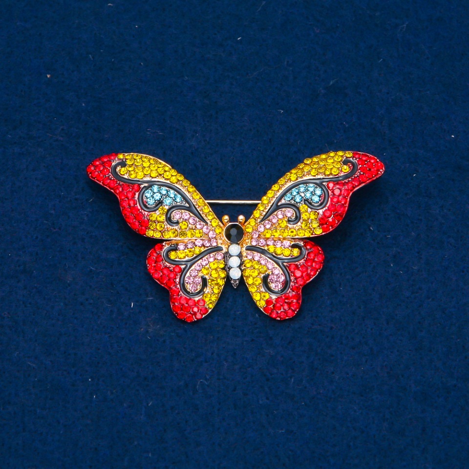 Butterfly Brooch with Multicolored Rhinestones, Gold-Tone Metal 35x58mm +