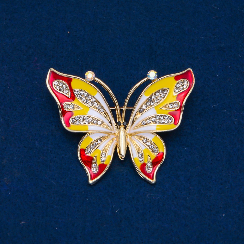 Brooch Butterfly enamel, white crystals, gold-tone metal 54x43mm +
