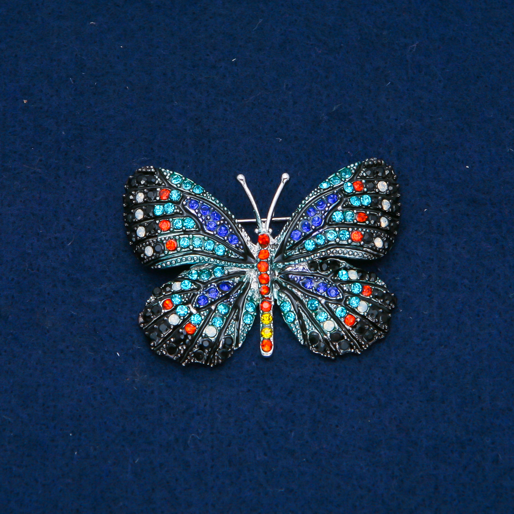 Butterfly Brooch in Silver-Tone Metal with Multicolored Rhinestones, 35×50 mm +