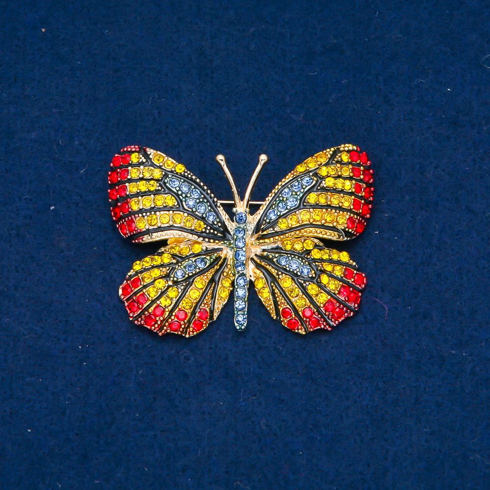 Butterfly Brooch, golden-tone metal, multicolored rhinestones, 37×50 mm +